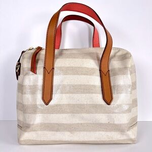 Fossil Sydney‎ Satchel Crossbody Bag Neutral Stripe Brown & Poppy Leather Straps